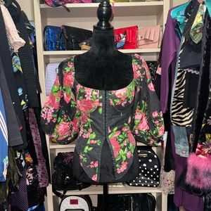 VTG Betsey Johnson Cabbage Flower Puff Sleeve Corset Top